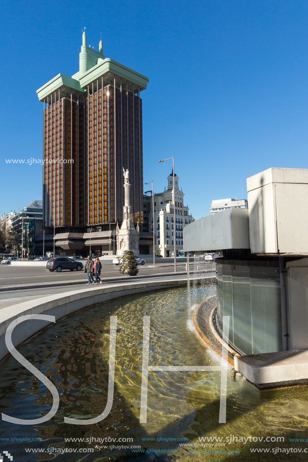 MADRID, SPAIN - JANUARY 21, 2018: Monument to Columbus and Columbus towers at Plaza de Colon in City of Madrid, Spain