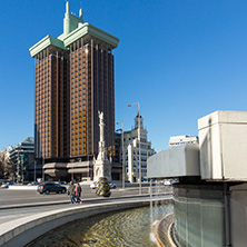 MADRID, SPAIN - JANUARY 21, 2018: Monument to Columbus and Columbus towers at Plaza de Colon in City of Madrid, Spain