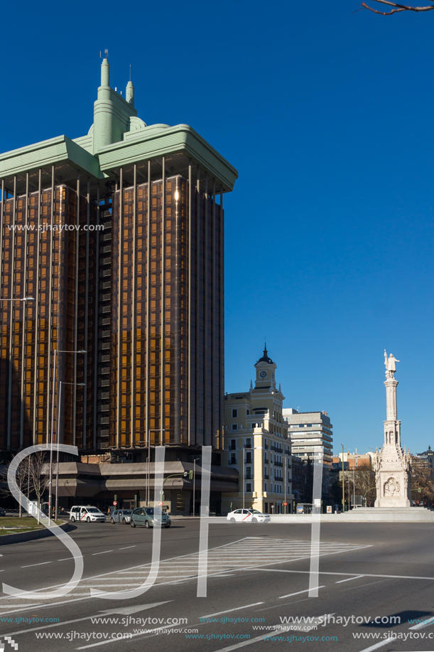 MADRID, SPAIN - JANUARY 21, 2018: Monument to Columbus and Columbus towers at Plaza de Colon in City of Madrid, Spain