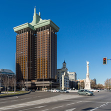 MADRID, SPAIN - JANUARY 21, 2018: Monument to Columbus and Columbus towers at Plaza de Colon in City of Madrid, Spain