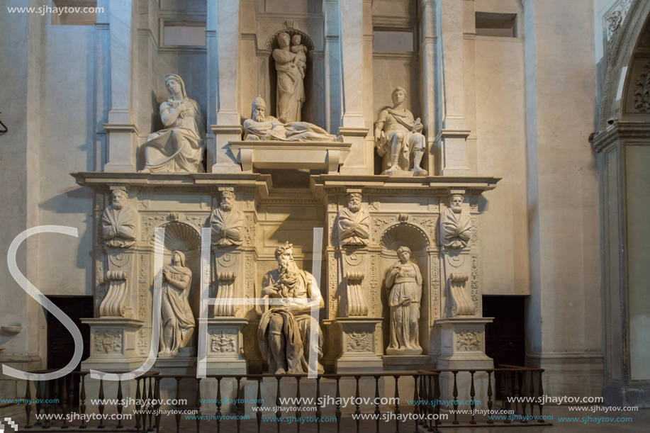 ROME, ITALY - JUNE 23, 2017:  Michelangelo"s Moses, Statue in the basilica of Saint Peter in Chains (San Pietro in Vincoli ) in Rome, Italy