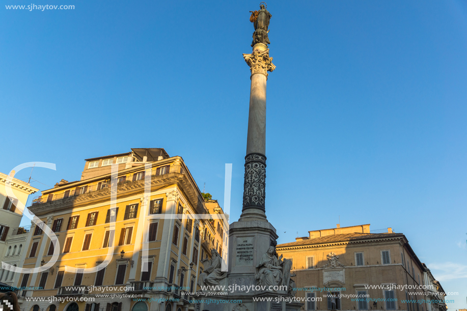 ROME, ITALY - JUNE 23, 2017: Sunset view of Column of the Immaculate near Spanish Steps and Piazza di Spagna in city of Rome, Italy