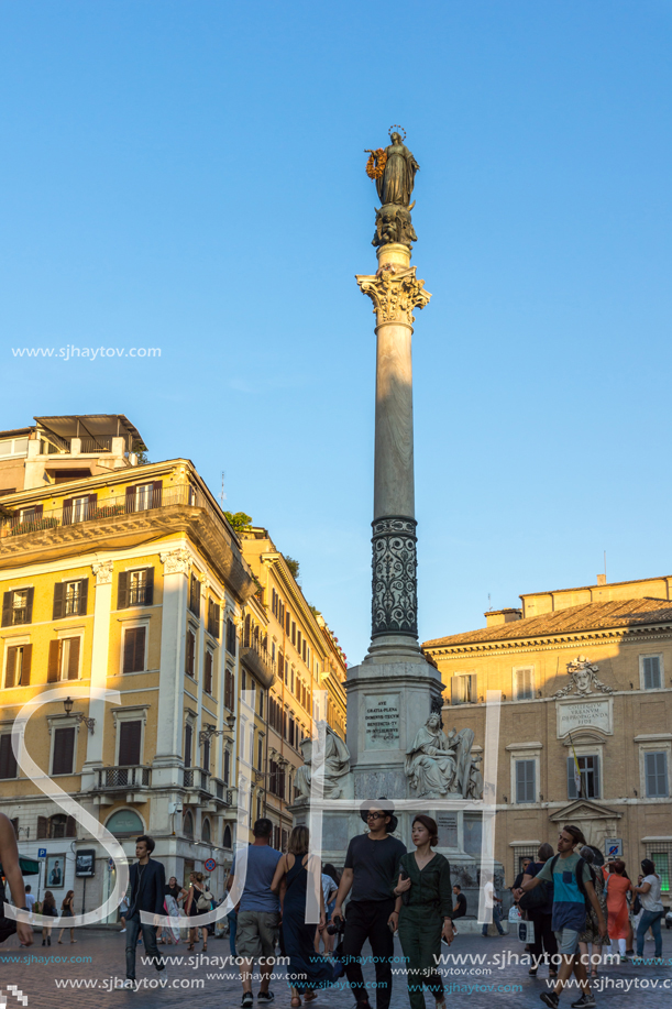 ROME, ITALY - JUNE 23, 2017: Sunset view of Column of the Immaculate near Spanish Steps and Piazza di Spagna in city of Rome, Italy