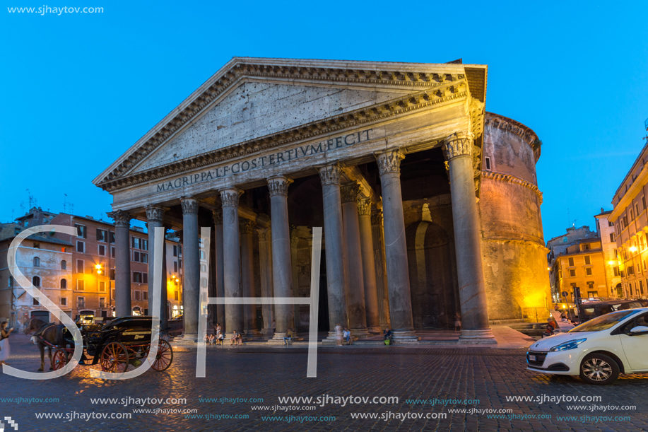 ROME, ITALY - JUNE 23, 2017: Amazing Night view of Pantheon and Piazza della Rotonda in city of Rome, Italy