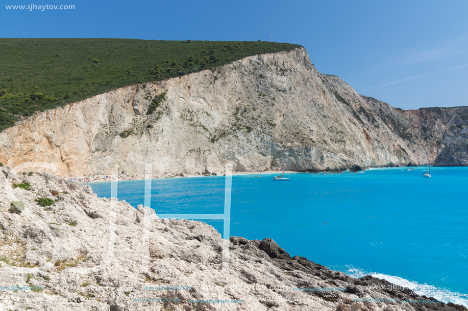 Amazing seascape of blue waters of Porto Katsiki Beach, Lefkada, Ionian Islands, Greece