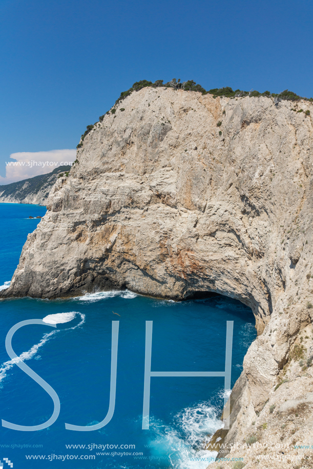 Amazing seascape of blue waters of Porto Katsiki Beach, Lefkada, Ionian Islands, Greece