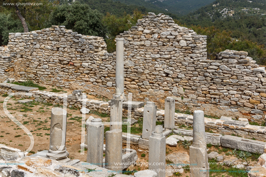 Columns in Ruins of ancient church in Archaeological site of Aliki, Thassos island,  East Macedonia and Thrace, Greece