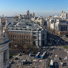 MADRID, SPAIN - JANUARY 24, 2018:  Panoramic view of city of Madrid from Cybele Palace (Palacio de Cibeles), Spain