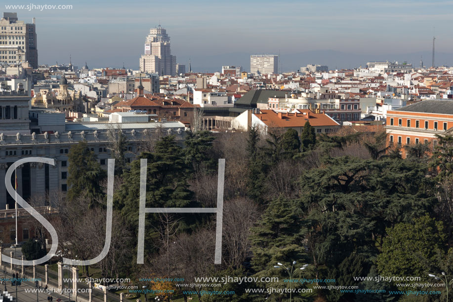 MADRID, SPAIN - JANUARY 24, 2018:  Panoramic view of city of Madrid from Cybele Palace (Palacio de Cibeles), Spain