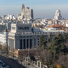 MADRID, SPAIN - JANUARY 24, 2018:  Panoramic view of city of Madrid from Cybele Palace (Palacio de Cibeles), Spain