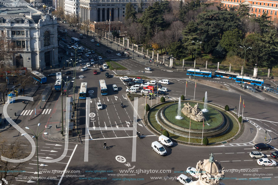 MADRID, SPAIN - JANUARY 24, 2018:  Panoramic view of city of Madrid from Cybele Palace (Palacio de Cibeles), Spain