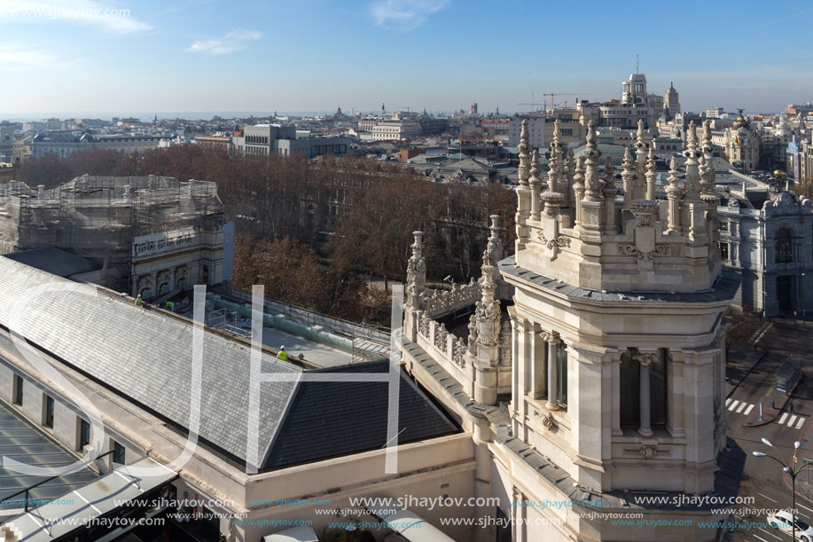 MADRID, SPAIN - JANUARY 24, 2018:  Panoramic view of city of Madrid from Cybele Palace (Palacio de Cibeles), Spain
