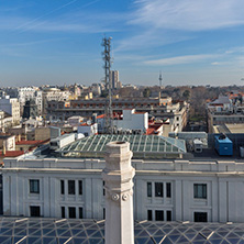MADRID, SPAIN - JANUARY 24, 2018:  Panoramic view of city of Madrid from Cybele Palace (Palacio de Cibeles), Spain
