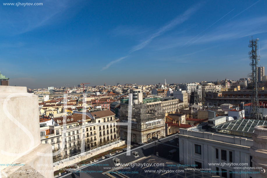MADRID, SPAIN - JANUARY 24, 2018:  Panoramic view of city of Madrid from Cybele Palace (Palacio de Cibeles), Spain