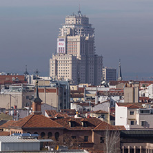 MADRID, SPAIN - JANUARY 24, 2018:  Panoramic view of city of Madrid from Cybele Palace (Palacio de Cibeles), Spain