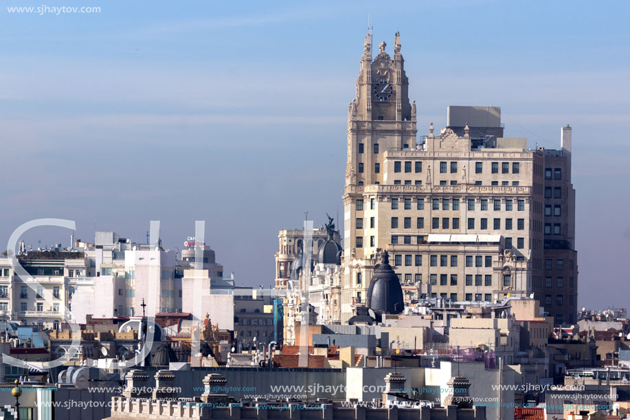 MADRID, SPAIN - JANUARY 24, 2018:  Panoramic view of city of Madrid from Cybele Palace (Palacio de Cibeles), Spain