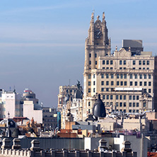 MADRID, SPAIN - JANUARY 24, 2018:  Panoramic view of city of Madrid from Cybele Palace (Palacio de Cibeles), Spain