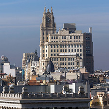 MADRID, SPAIN - JANUARY 24, 2018:  Panoramic view of city of Madrid from Cybele Palace (Palacio de Cibeles), Spain