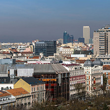 MADRID, SPAIN - JANUARY 24, 2018:  Panoramic view of city of Madrid from Cybele Palace (Palacio de Cibeles), Spain