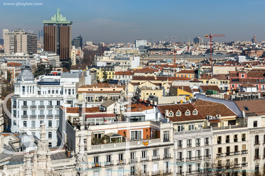 MADRID, SPAIN - JANUARY 24, 2018:  Panoramic view of city of Madrid from Cybele Palace (Palacio de Cibeles), Spain
