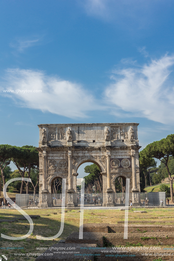 ROME, ITALY - JUNE 23, 2017: Amazing view of Arch of Constantine near Colosseum in city of Rome, Italy
