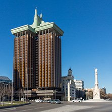 MADRID, SPAIN - JANUARY 21, 2018: Monument to Columbus and Columbus towers at Plaza de Colon in City of Madrid, Spain