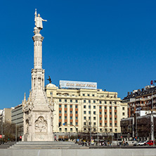 MADRID, SPAIN - JANUARY 21, 2018: Monument to Columbus and Columbus towers at Plaza de Colon in City of Madrid, Spain