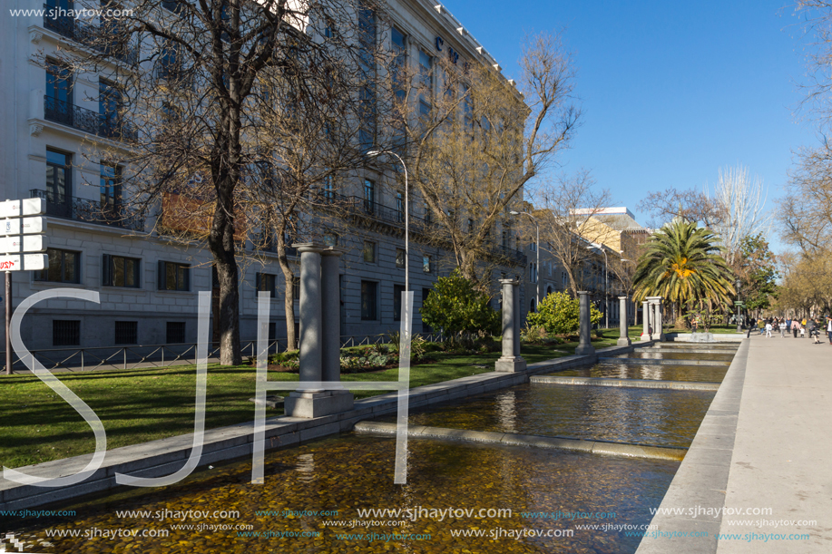 MADRID, SPAIN - JANUARY 21, 2018: Fountain at Paseo de la Castellana street in City of Madrid, Spain
