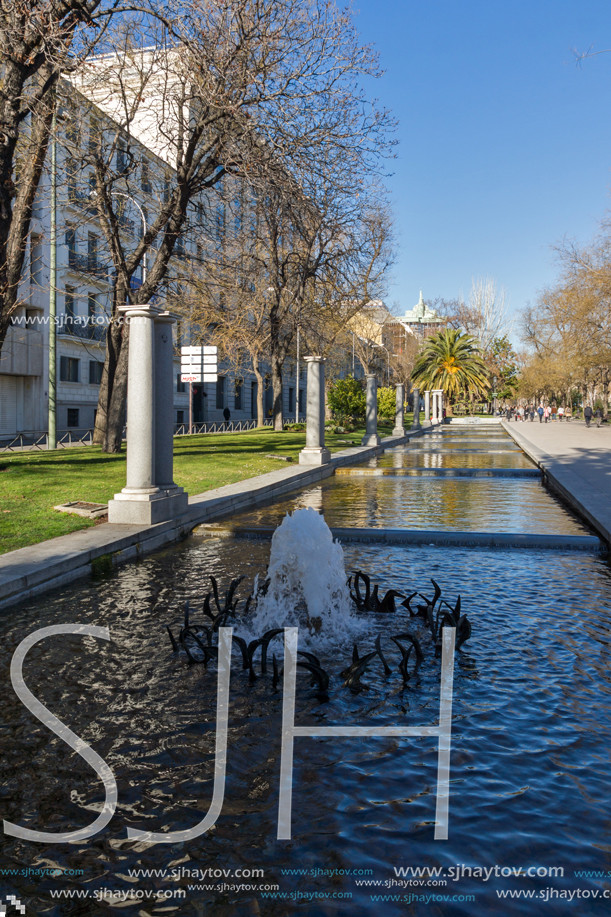 MADRID, SPAIN - JANUARY 21, 2018: Fountain at Paseo de la Castellana street in City of Madrid, Spain