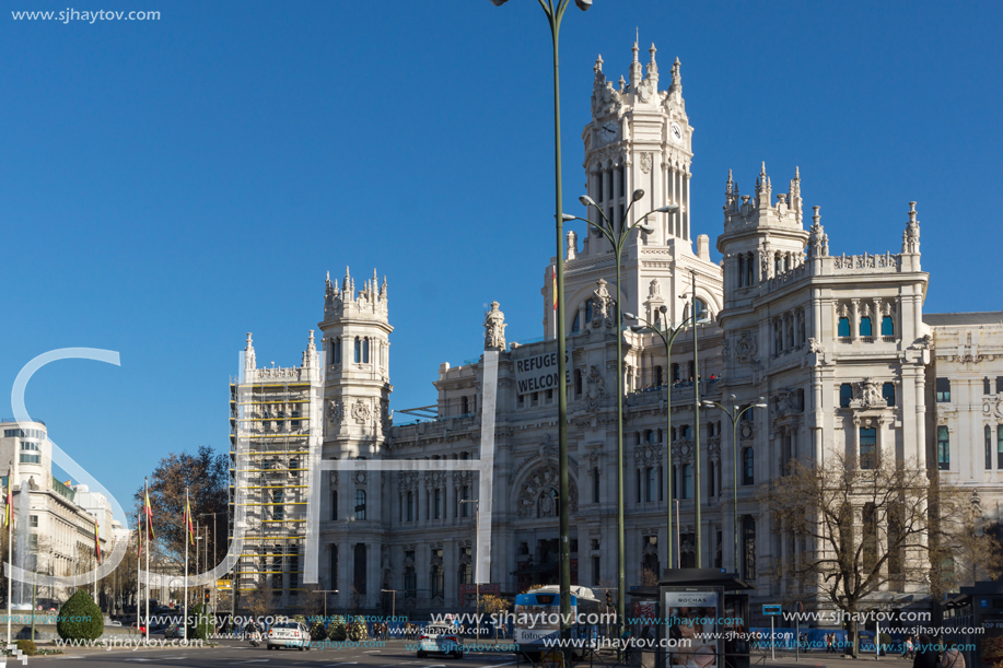 MADRID, SPAIN - JANUARY 21, 2018: Palace of Cibeles at Cibeles square in City of Madrid, Spain