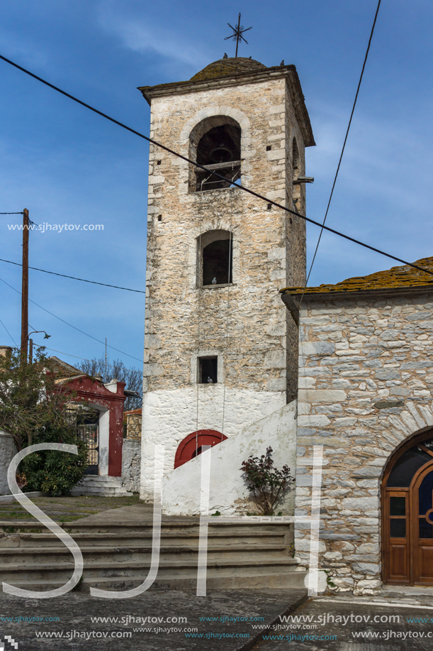 Bell Tower of Orthodox church with stone roof in village of Theologos,Thassos island, East Macedonia and Thrace, Greece