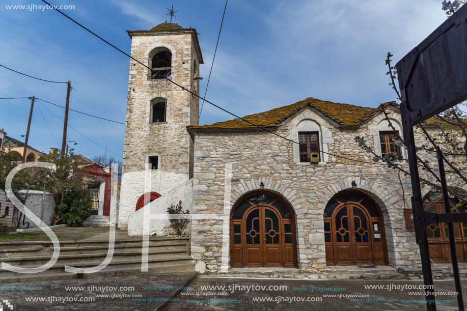 Bell Tower of Orthodox church with stone roof in village of Theologos,Thassos island, East Macedonia and Thrace, Greece