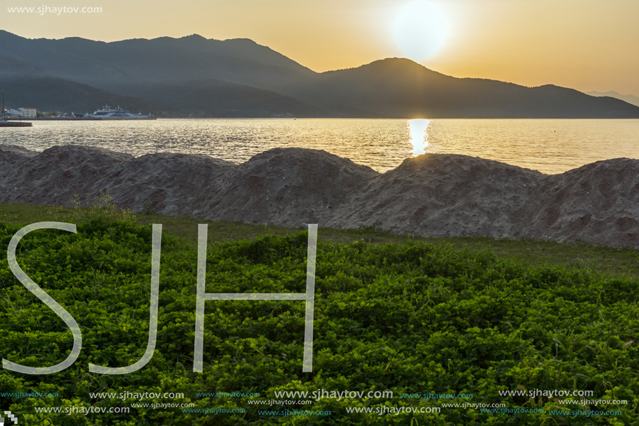 Sunset view on embankment of Thassos town, East Macedonia and Thrace, Greece