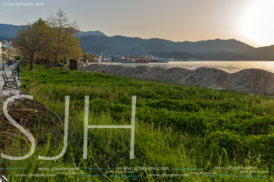 Sunset view on embankment of Thassos town, East Macedonia and Thrace, Greece