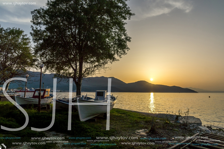 Sunset view on embankment of Thassos town, East Macedonia and Thrace, Greece