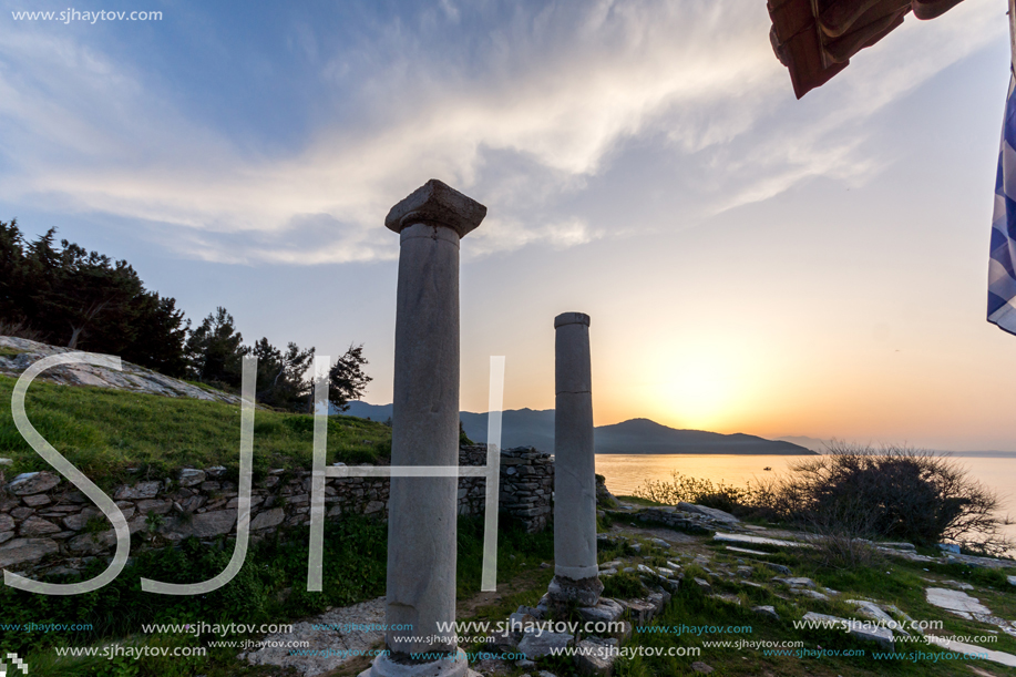 Amazing sunset on Evraiokastro Archaeological Site, Thassos town, East Macedonia and Thrace, Greece