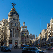 MADRID, SPAIN - JANUARY 21, 2018: Metropolis Building ( Edificio Metropolis) at Alcala and Gran Via streets in City of Madrid, Spain