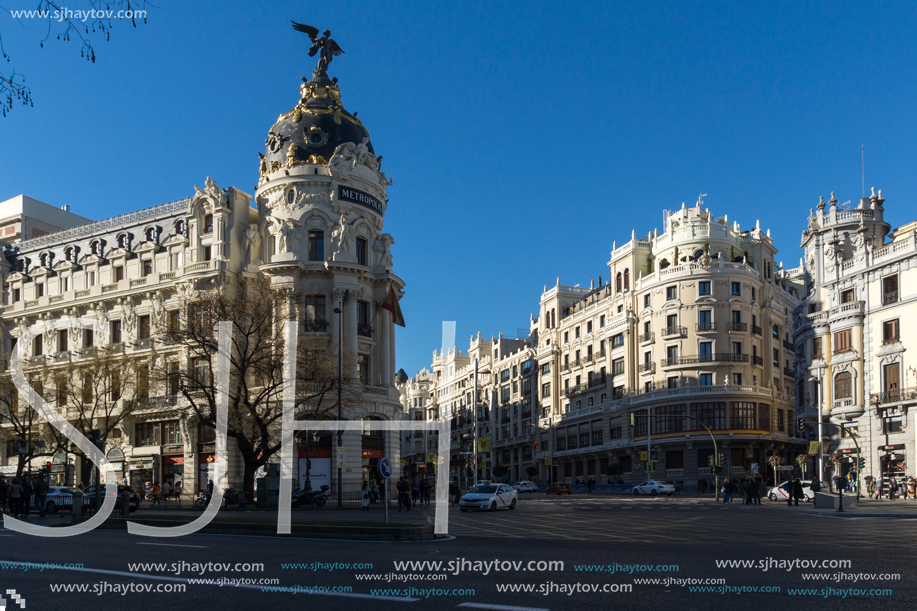 MADRID, SPAIN - JANUARY 21, 2018: Metropolis Building ( Edificio Metropolis) at Alcala and Gran Via streets in City of Madrid, Spain