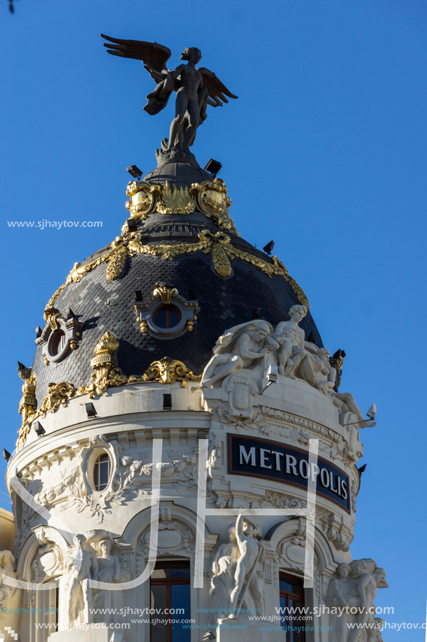 MADRID, SPAIN - JANUARY 21, 2018: Metropolis Building ( Edificio Metropolis) at Alcala and Gran Via streets in City of Madrid, Spain