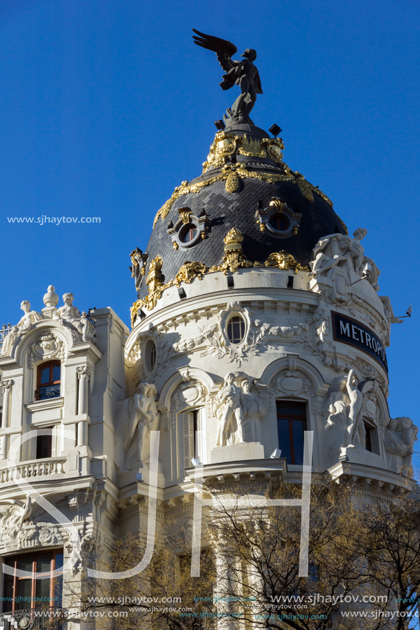 MADRID, SPAIN - JANUARY 21, 2018: Metropolis Building ( Edificio Metropolis) at Alcala and Gran Via streets in City of Madrid, Spain