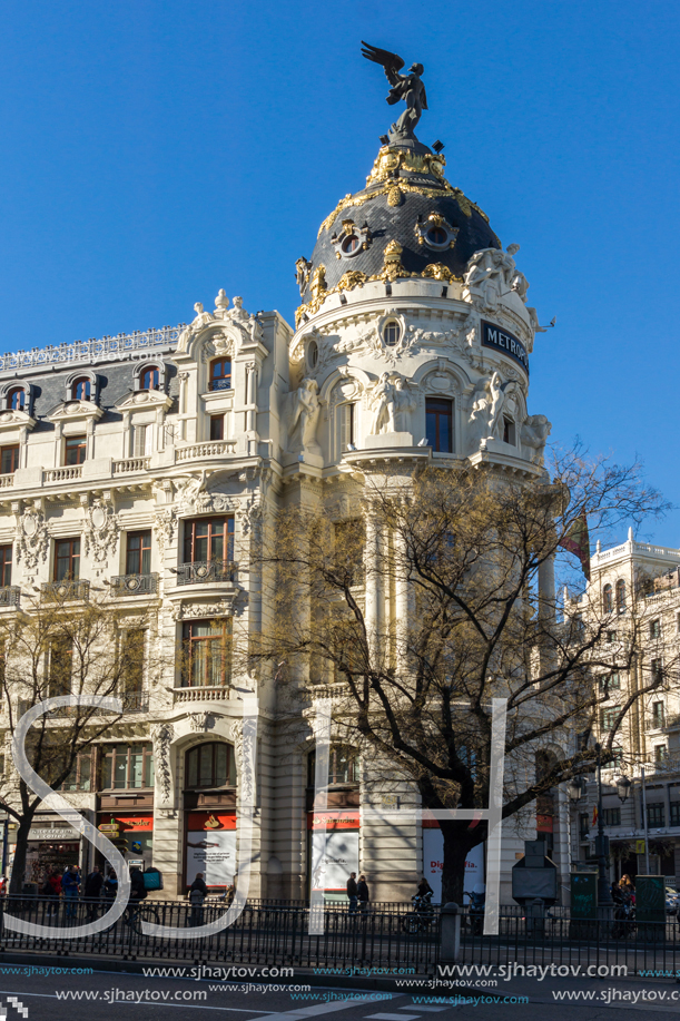 MADRID, SPAIN - JANUARY 21, 2018: Metropolis Building ( Edificio Metropolis) at Alcala and Gran Via streets in City of Madrid, Spain