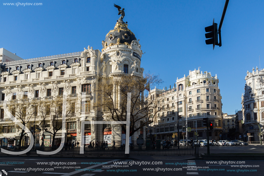MADRID, SPAIN - JANUARY 21, 2018: Metropolis Building ( Edificio Metropolis) at Alcala and Gran Via streets in City of Madrid, Spain