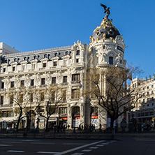 MADRID, SPAIN - JANUARY 21, 2018: Metropolis Building ( Edificio Metropolis) at Alcala and Gran Via streets in City of Madrid, Spain