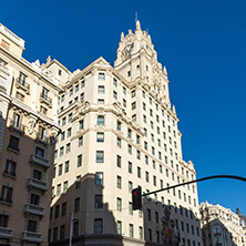 MADRID, SPAIN - JANUARY 21, 2018: Telefonica Building (Edificio Telefonica) at Gran Vía street in City of Madrid, Spain