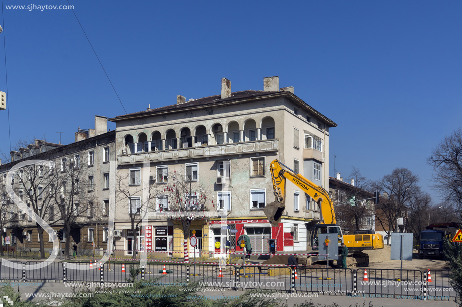 DIMITROVGRAD, BULGARIA - MARCH 15, 2014: Typical street and Building in town of Dimitrovgrad, Haskovo Region, Bulgaria