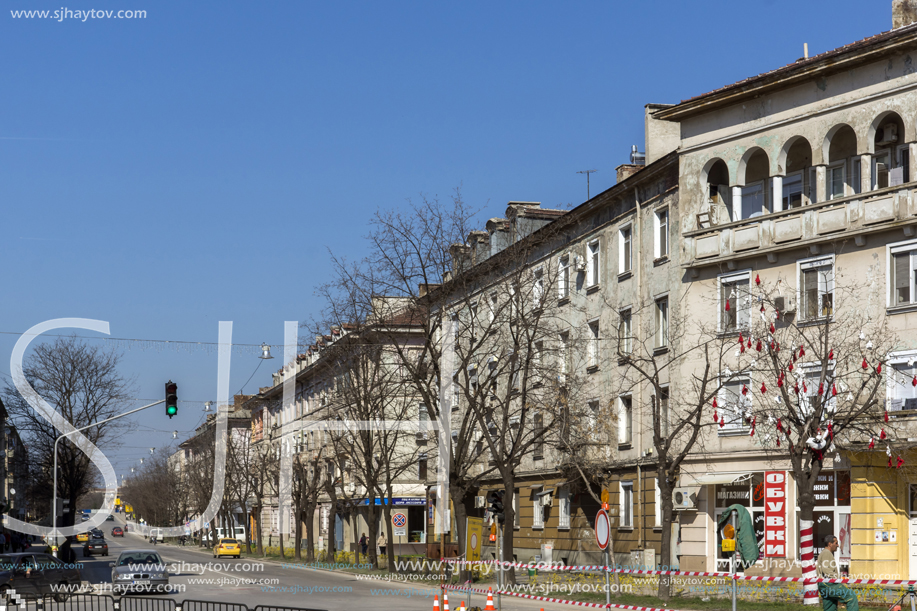 DIMITROVGRAD, BULGARIA - MARCH 15, 2014: Typical street and Building in town of Dimitrovgrad, Haskovo Region, Bulgaria