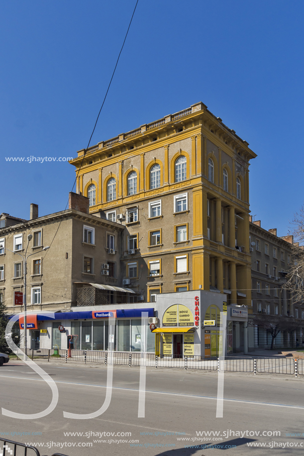 DIMITROVGRAD, BULGARIA - MARCH 15, 2014: Typical street and Building in town of Dimitrovgrad, Haskovo Region, Bulgaria