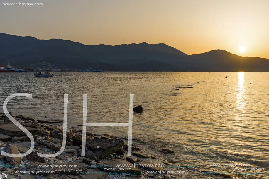 Sunset view on embankment of Thassos town, East Macedonia and Thrace, Greece