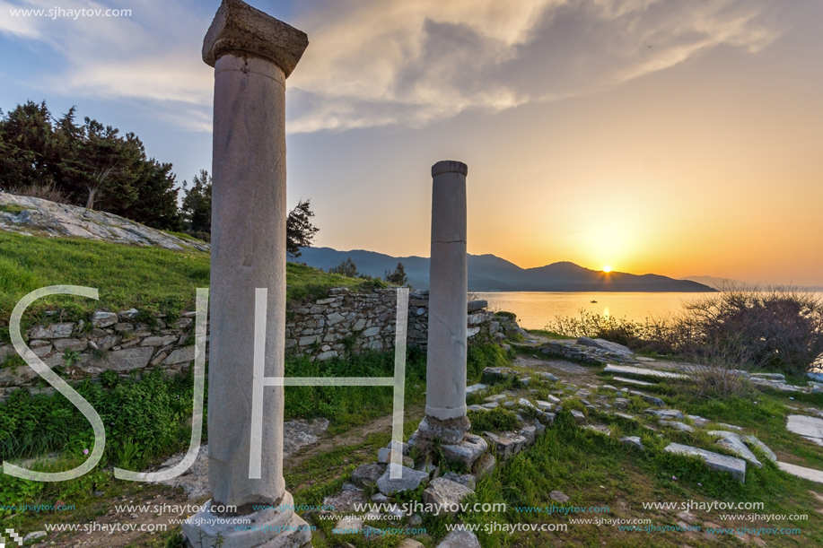 Amazing sunset on Evraiokastro Archaeological Site, Thassos town, East Macedonia and Thrace, Greece