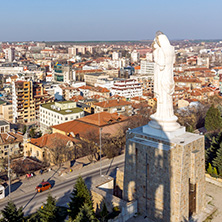 HASKOVO, BULGARIA - MARCH 15, 2014: The biggest Monument of Virgin Mary in the world and panorama to City of Haskovo, Bulgaria